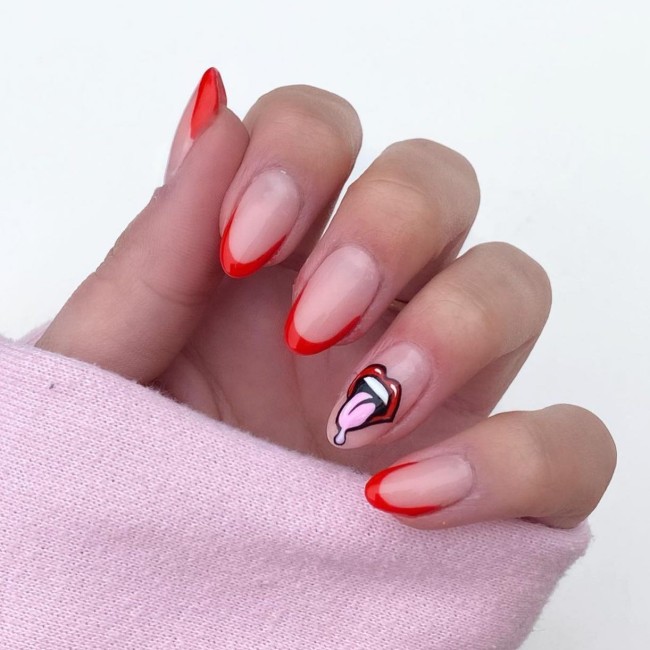 70 Pop Art Nails For A Fun Look — Red French Tip Nails with Lips