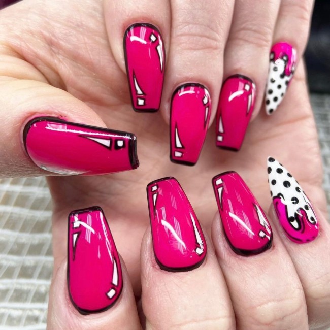 70 Pop Art Nails For A Fun Look — Deep Pink Pop Art Nails