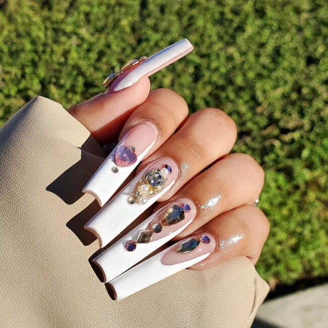 30 White Nail Designs That are Stylish — Glam White Nails Design with Rhinestones