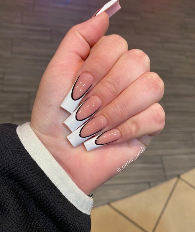 30 White Nail Designs That are Stylish — White French Nails Design with Black Lines