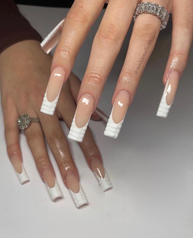 30 White Nail Designs That are Stylish —  White Snake Print French Tip Nails