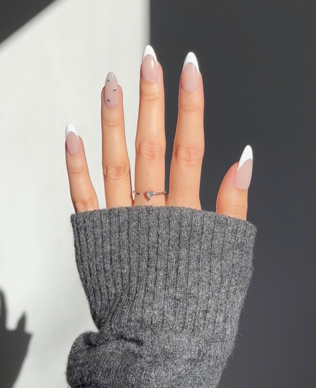 30 White Nail Designs That are Stylish — French Tip Nails Design with Rhinestones