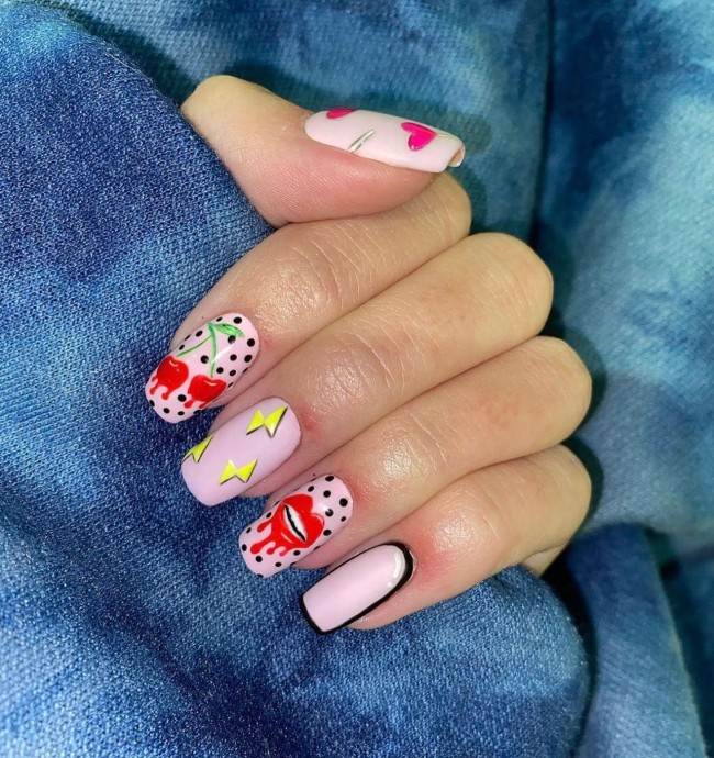 70 Pop Art Nails For A Fun Look — Cherry & Lighting Pink Pop Art Nails