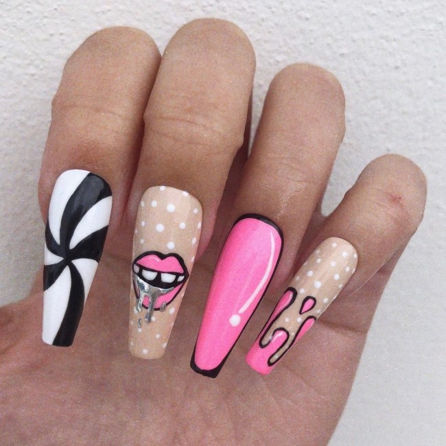 70 Pop Art Nails For A Fun Look — Black, Nude and Pink