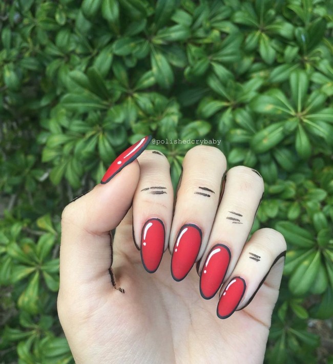 70 Pop Art Nails For A Fun Look — Black Outline Red Pop Art Nails