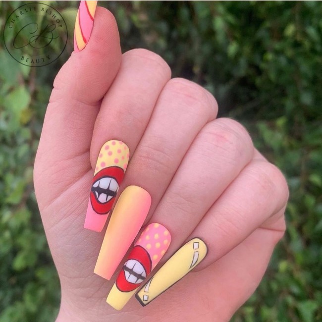 70 Pop Art Nails For A Fun Look — Ombre Pink and Yellow Pop Art Nails