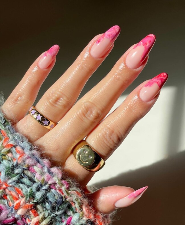 30 Stylish French Tip Nail Art Designs — Pink Marble French Tip Nails