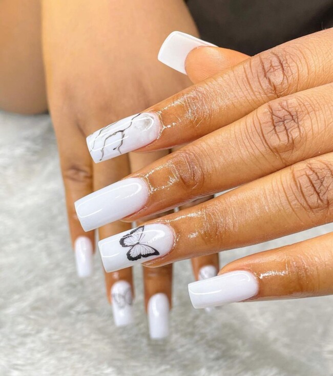 30 White Nail Designs That are Stylish — White Nails Design with Marble & Butterfly