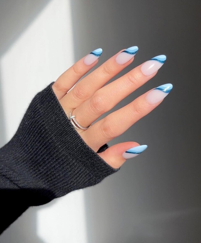 30 Stylish French Tip Nail Art Designs — Blue and Glitter French Tip Nails