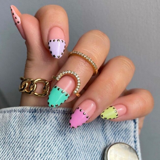 73 Easter Nails That Are Too Cute To Ignore — Colorful Stud French Tip Nail Art