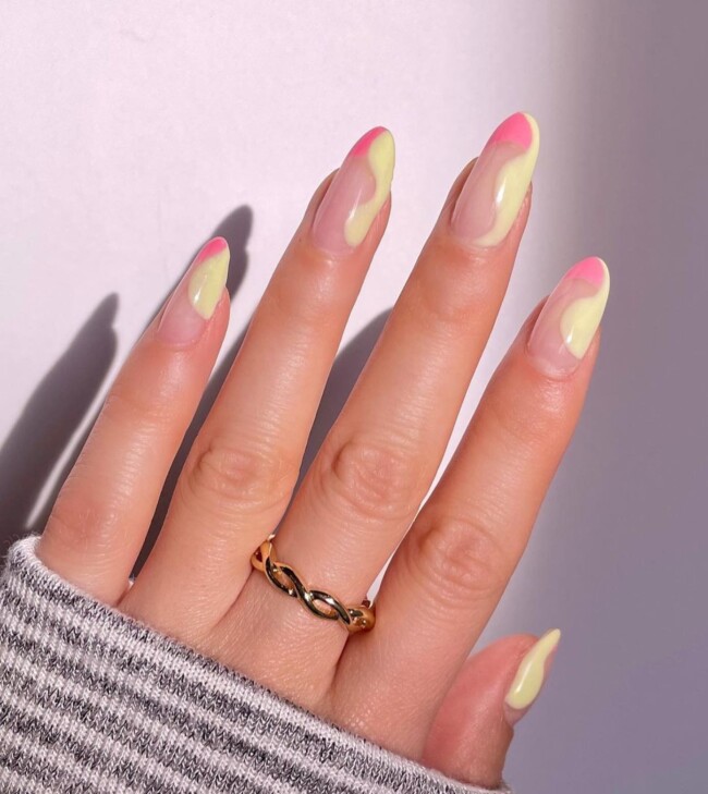 30 Stylish French Tip Nail Art Designs — Pastel Pink & Yellow French Tip Nails