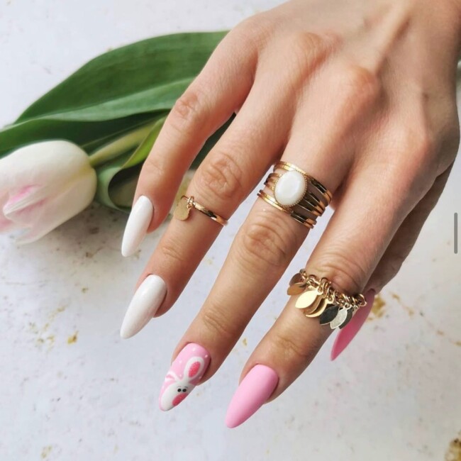 73 Easter Nails That Are Too Cute To Ignore — Pink and White Easter Nail Art