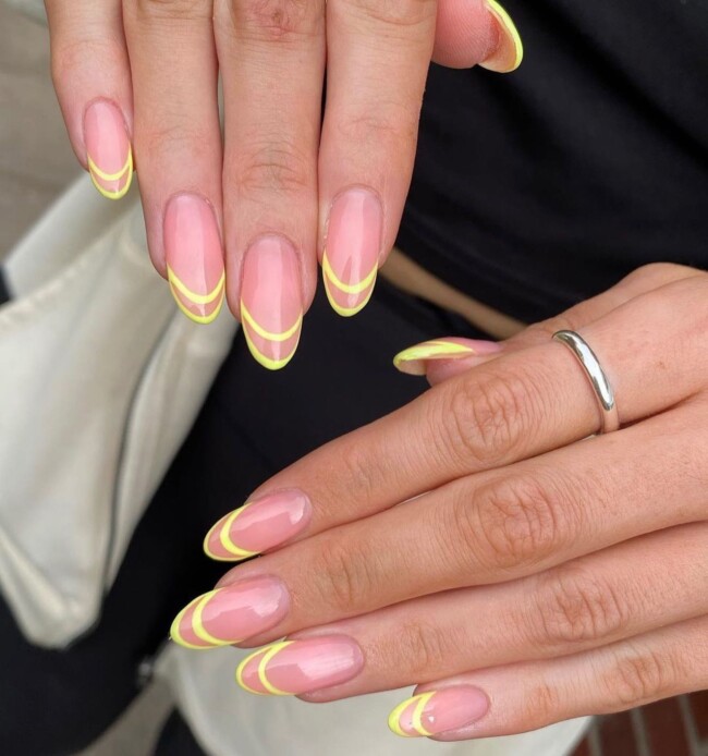 30 Stylish French Tip Nail Art Designs — Yellow Double French Tip Nails