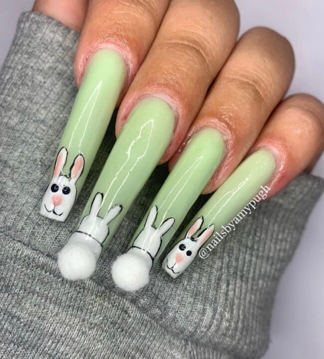 73 Easter Nails That Are Too Cute To Ignore — Pom Pom Bunny Green Easter Nails