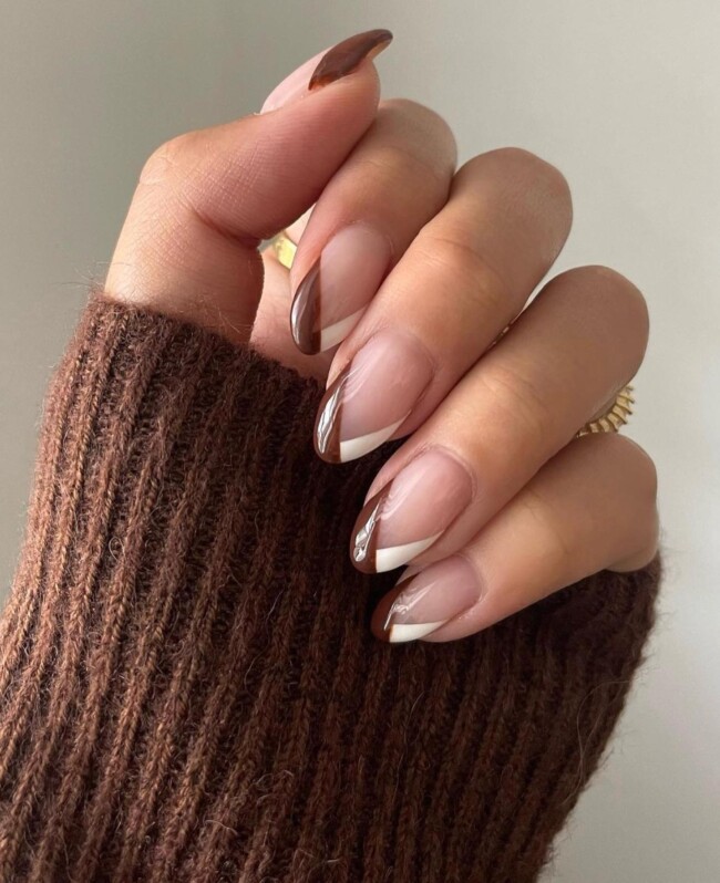 30 Stylish French Tip Nail Art Designs — Brown and White V-Shaped French Tip Nails