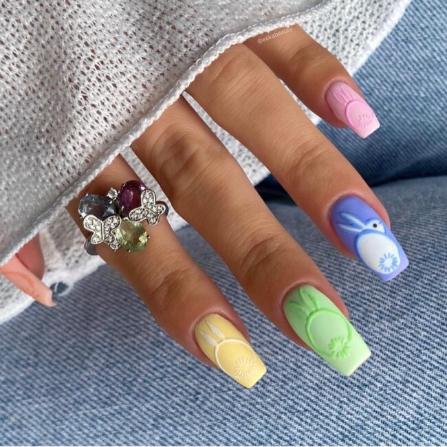 73 Easter Nails That Are Too Cute To Ignore — Embossed Bunny Different Colors