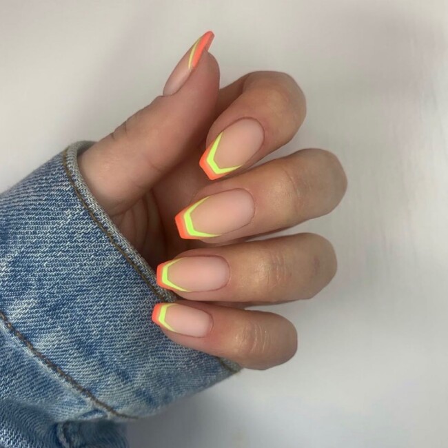 30 Stylish French Tip Nail Art Designs — Neon Orange & Yellow French Tip Nails