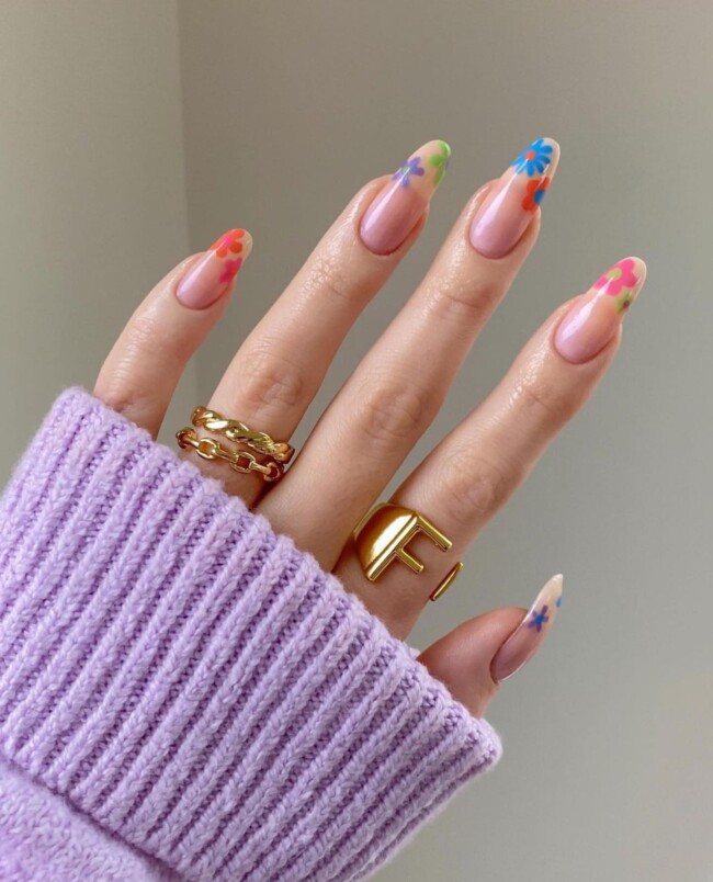 57 Trendy Almond Nails for Spring 2022 — Colorful Flower French Tip Nails