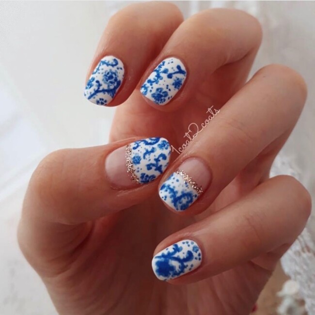 33 Porcelain Print Nails — Half Nude Half Porcelain Nail Art Design