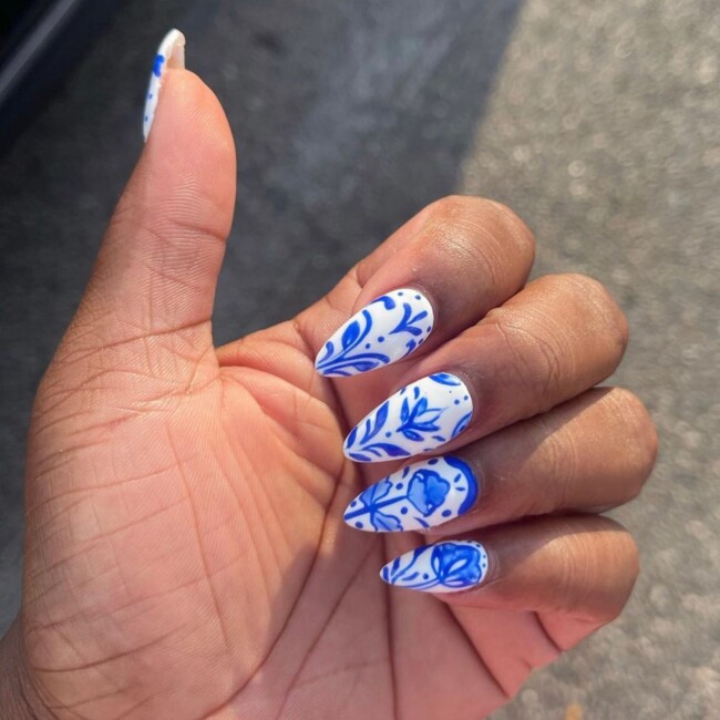 33 Porcelain Print Nails — Blue Floral Print Nails