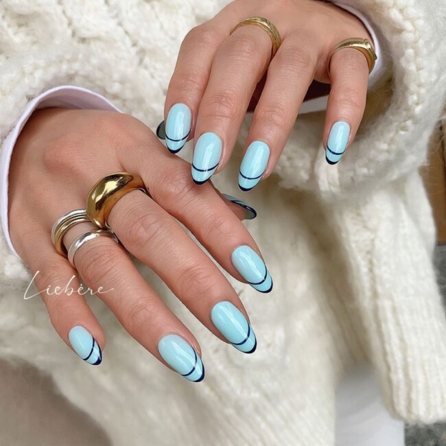 57 Trendy Almond Nails for Spring 2022 — Black Double French Blue Nails