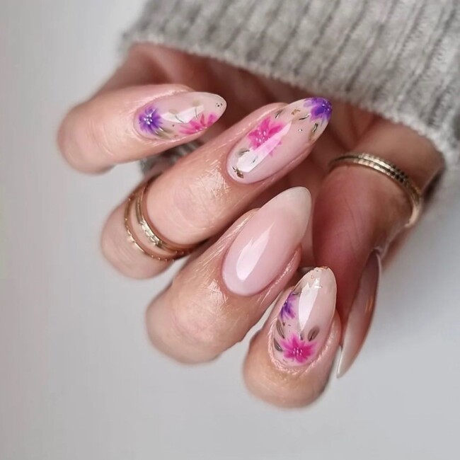 57 Trendy Almond Nails for Spring 2022 — Pink and Purple Flower Gel Nails