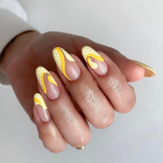 57 Trendy Almond Nails for Spring 2022 — Yellow Abstract Tip Nails