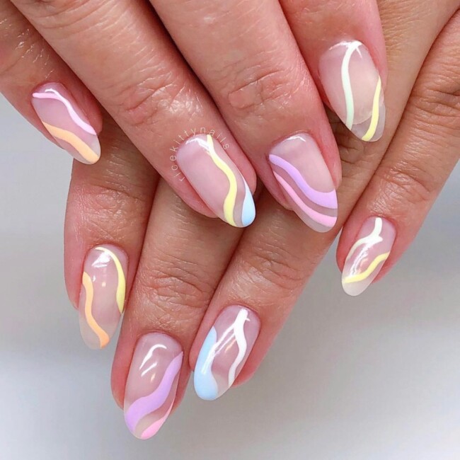 57 Trendy Almond Nails for Spring 2022 — Pastel Swirl Nails