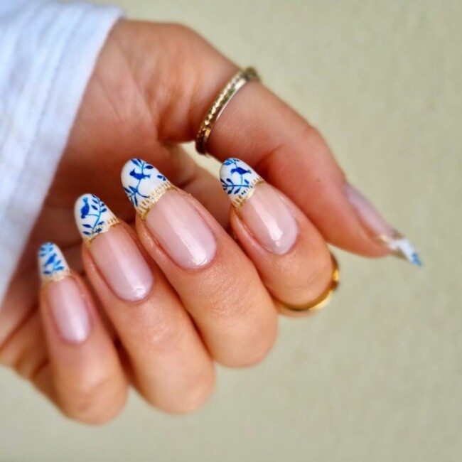 33 Porcelain Print Nails — Blue Porcelain Inspired French Tip Nails