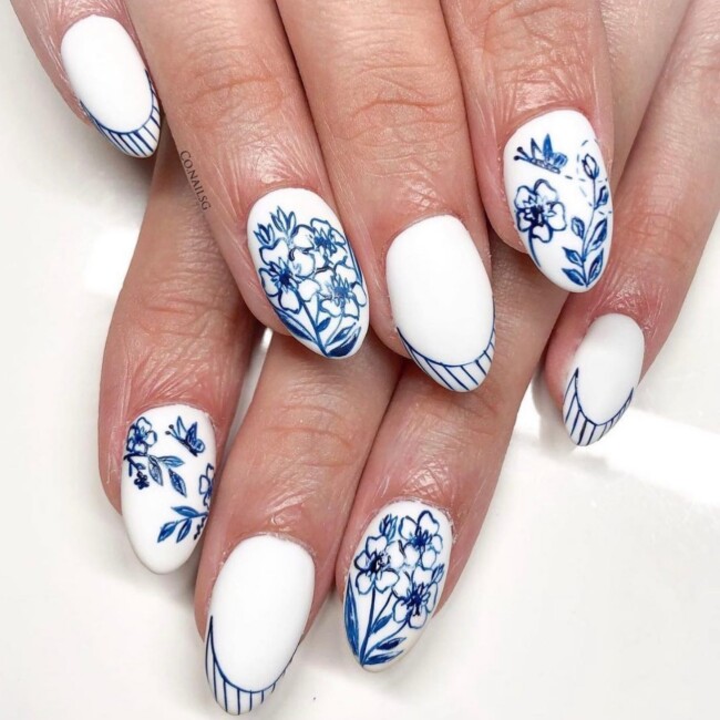 33 Porcelain Print Nails — Porcelain & Blue Stripped French Tip Nails