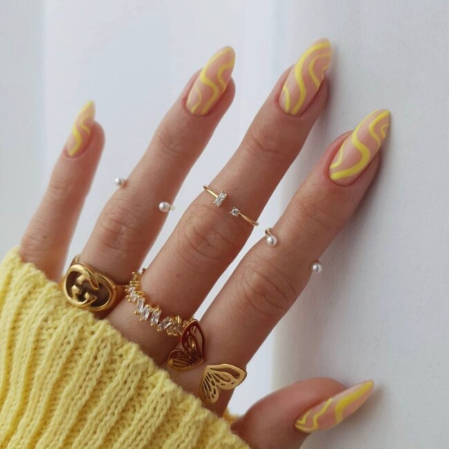 57 Trendy Almond Nails for Spring 2022 — Yellow Swirl Nails