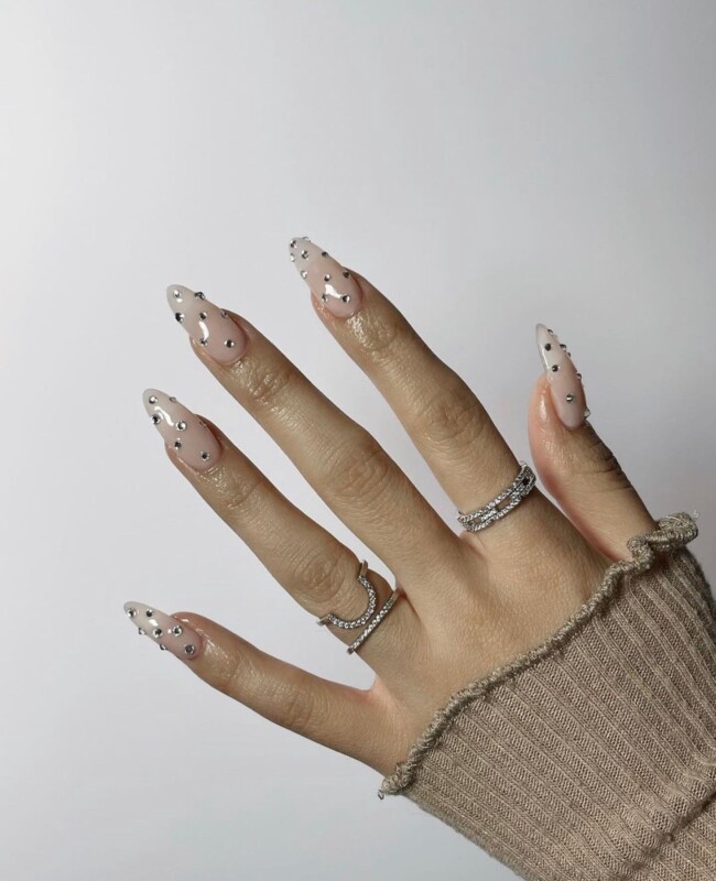 57 Trendy Almond Nails for Spring 2022 — Rhinestone Nude Pink Nails