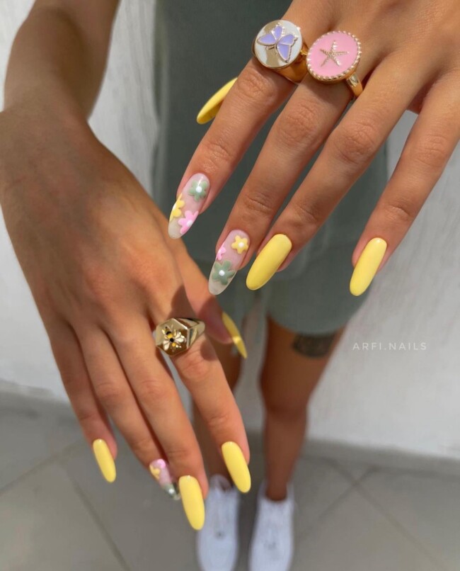 57 Trendy Almond Nails for Spring 2022 — Flower on Translucent & Yellow Nails