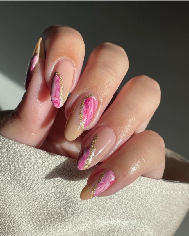 57 Trendy Almond Nails for Spring 2022 — Pink Geode Nude Nails