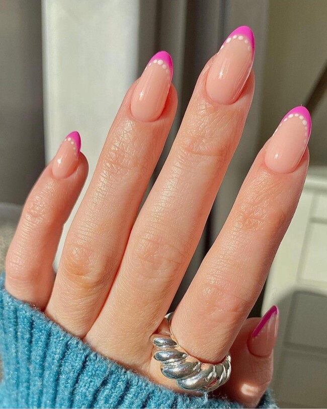 57 Trendy Almond Nails for Spring 2022 — White Dots & Pink French Nails