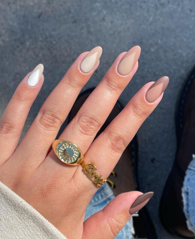 57 Trendy Almond Nails for Spring 2022 — Brown French Tip Nude Matte Nails