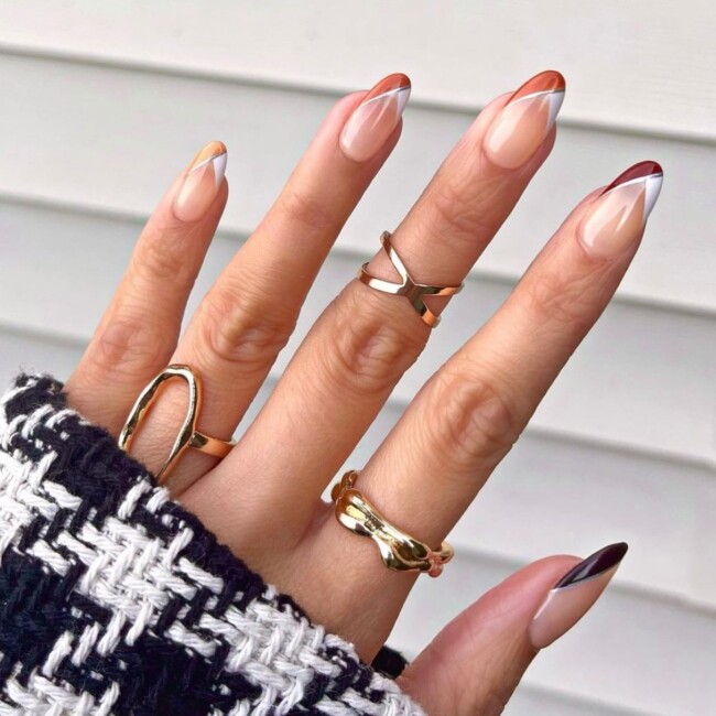 57 Trendy Almond Nails for Spring 2022 — Brown Copper and White French Tips