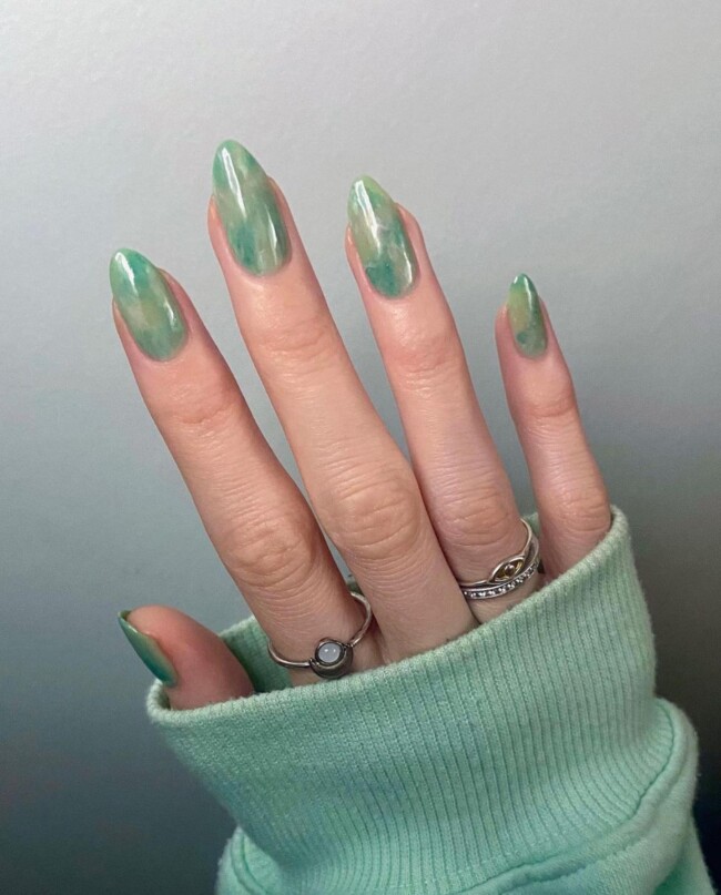 57 Trendy Almond Nails for Spring 2022 — Green Jade Marble Nails