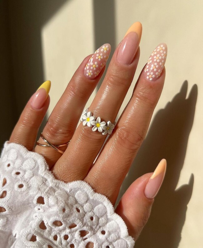 57 Trendy Almond Nails for Spring 2022 — Flower & Yellow French Nails