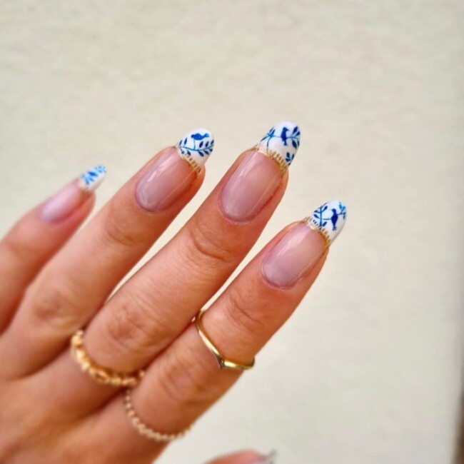 33 Porcelain Print Nails — Porcelain French Tips with Gold Accents