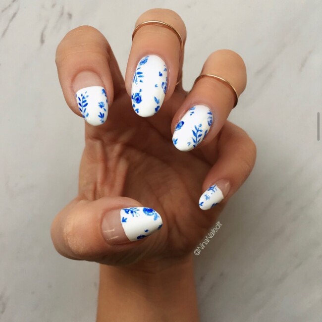 33 Porcelain Print Nails — Blue Color Block with Floral Design Nails