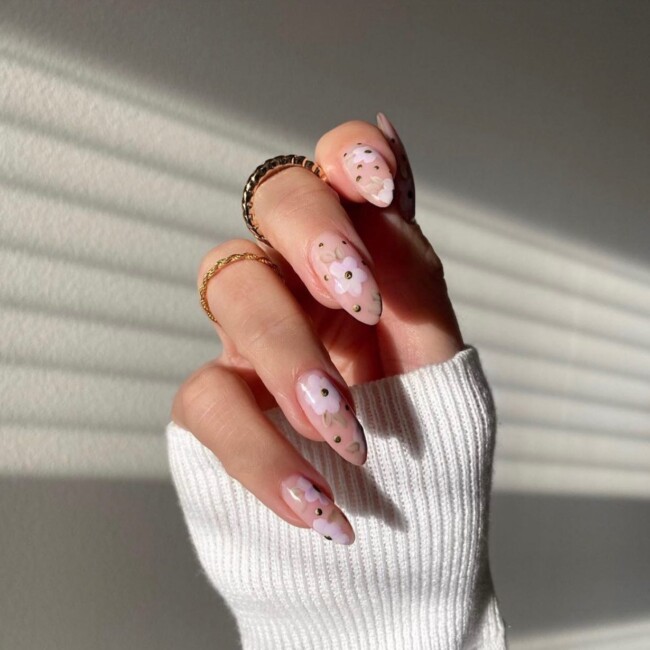 57 Trendy Almond Nails for Spring 2022 — Lilac Floral Nude Almond Nails