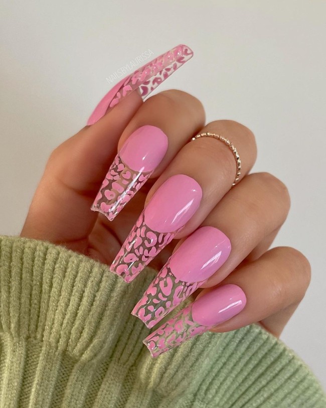 50 Cute & Flirty French Manicure Designs 2022 — Pink Leopard Clear French Tips