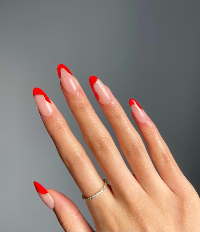 50 Cute & Flirty French Manicure Designs 2022 — Abstract Red & Chrome Line