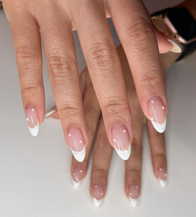 pearl nails, white french tip nails with pearls, pearl nail designs