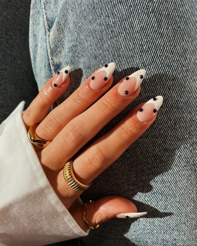 50 Cute & Flirty French Manicure Designs 2022 — White French Tips with Black Gems