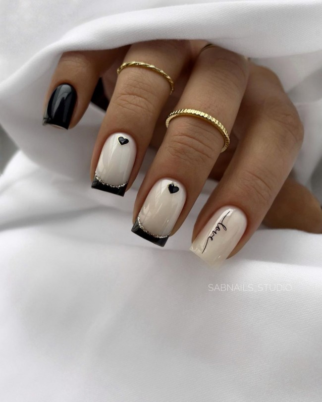 Valentine’s Day Nails That We Heart It — White Nails Black Tips + Black Hearts