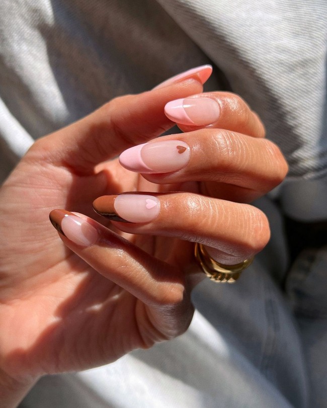 Valentine’s Day Nails That We Heart It — Brown and Pink French Manicure with Hearts