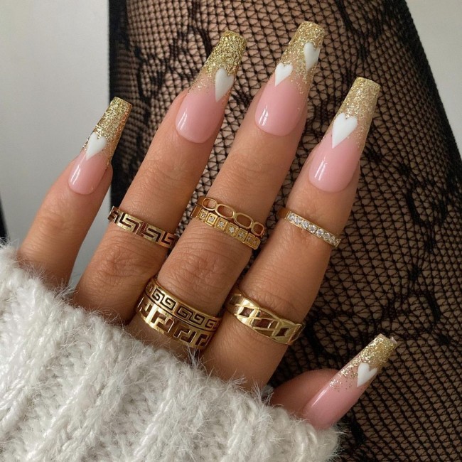 Valentine’s Day Nails That We Heart It — Glitter Gold French Mani White Hearts