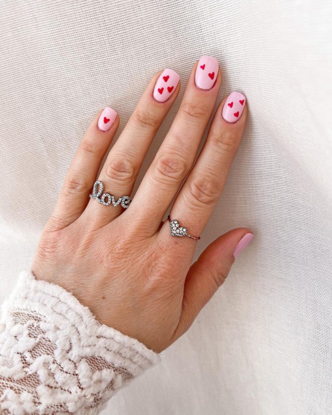 Valentine’s Day Nails That We Heart It — Pink Short Nails with Red Hearts